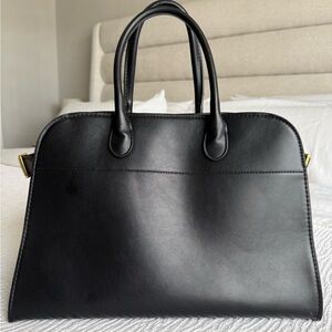 The Row Margaux Inspired Black Leather Drawstring Pouch with Gold Accents